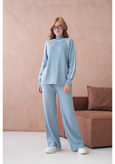 Kadın Dik Yaka Kazak Pantolon İkili Triko Takım Açık Mavi