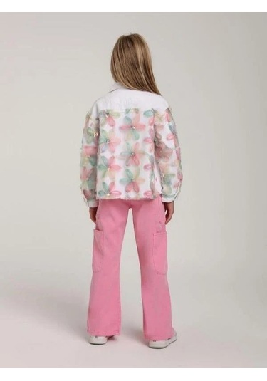 Kız Çocuk Tasarım Çiçekli Kot Ceket-15577 Beyaz
