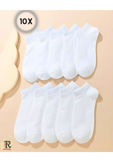 Trampler Unisex 10 Çift Ekonomik Beyaz Patik Pamuk Çorap Beyaz