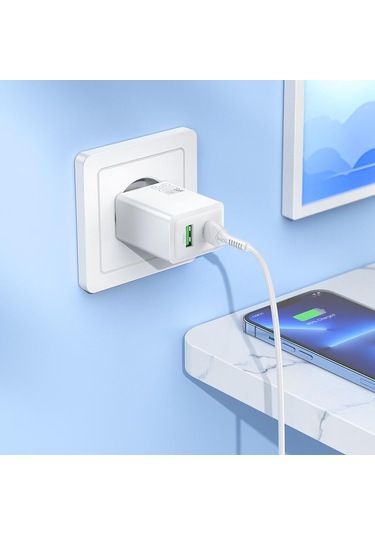 Hoco N71 Pd30w + Qc3.0 Çift Portlu Şarj Cihazı 1m Tip-c İle 8 Pin Veri Kablosu, Özellikler: Ab Fişi Beyaz Beyaz