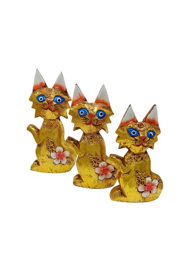 Ahşap Simli Üçlü Kedi Dekoratif Biblo No.2 17 Cm