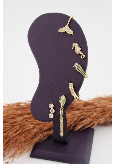 Kadın Kararmaz Altın Kaplama Yılan Detaylı 6'Lı Zirkon Set Küpe Altın-M