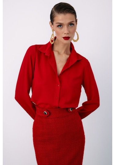 Sateen Düz Klasik Gömlek - Kırmızı-122327 Kırmızı