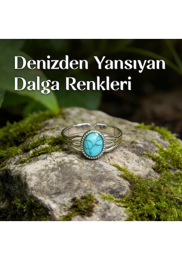 Sentetik Turkuaz Taşı Çelik Yüzük Renkli