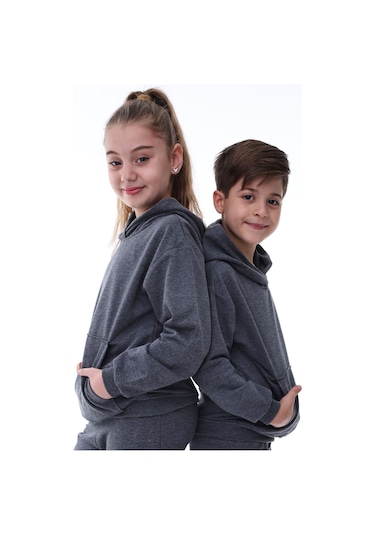 Zuzunga Basic Kapüşonlu Şardonlu Kanguru Cep Detaylı Çocuk Sweatshirt 3-10 Yaş Füme