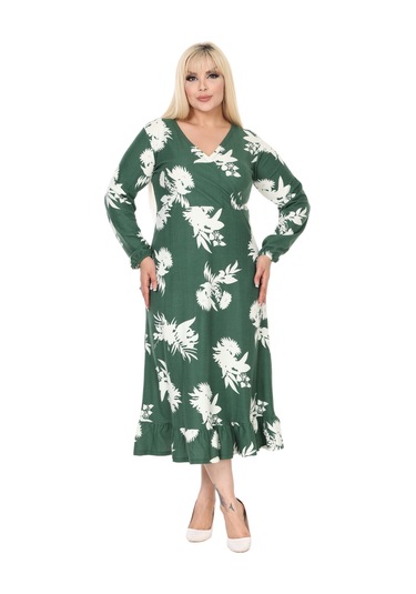 Melsay Butik Kışlık Yumoş Kumaş Kruvaze Yaka Yeşil Beyaz Yaprak Desen Eteği Fırfırlı Midi Elbise Yeşil