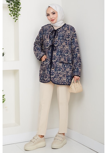 Etnik Desen Bağlamalı Kapitone Ceket 1618 - Lacivert Lacivert