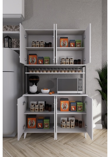 Nexar Kavhe Köşesi 8 Raflı Çok Amaçlı Mutfak Dolabı Beyaz Beyaz