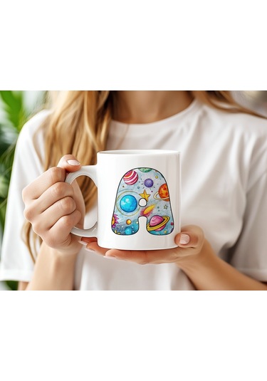 A Baş Harf Gezegen Desenli Kupa Bardak - Kişiye Özel Evren Temalı Kahve Çay Kupası - Gökyüzü Beyaz