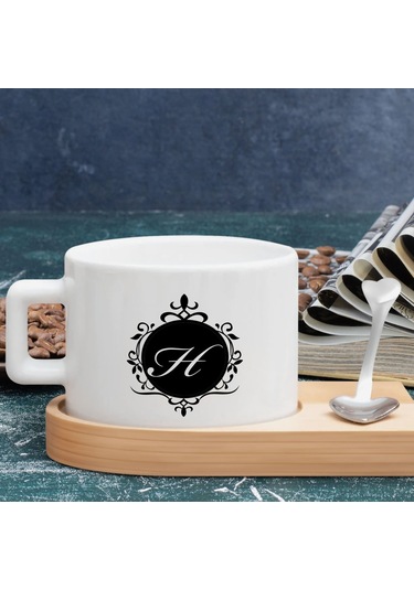 Bk Gift Kişiye Özel Baş Harf İsimli Ahşap Altlıklı Seramik Fincan-6 , Meslek Hediyesi, Yeni İş Hediyesi Kobitmeyen138075 Bk Gift