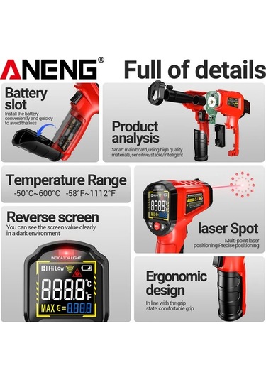 Boatshop1 Aneng Th203 Siyah Endüstriyel Kızılötesi Termometre Higrometre -50 600 Lazer Hedefleme Lcd Ekran Yüksek Hassasiyet