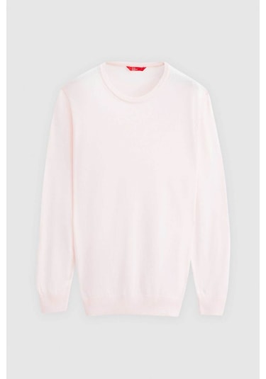 Regular Fit Pudra Tüylenme Yapmayan Bisiklet Yaka Triko Kazak Pudra