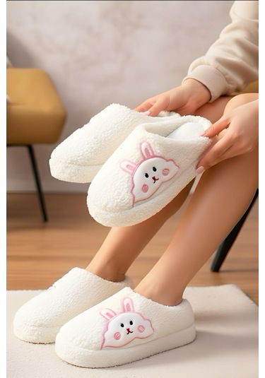 Ft 101 Tavşan Nakışlı Kadın Ev Terliği Peluş Terlik Çeyiz Ve Bohça Terliği Ses Yapmaz Kalın Taban Beyaz
