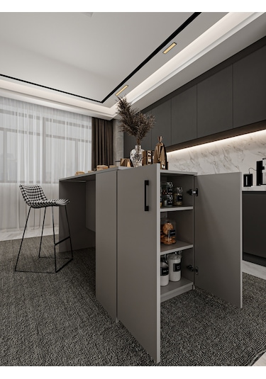 Asra Trend Mutfak Adası MA-04 %100 MDF Dolaplı Yemek ve Bar Masası Kül Gri
