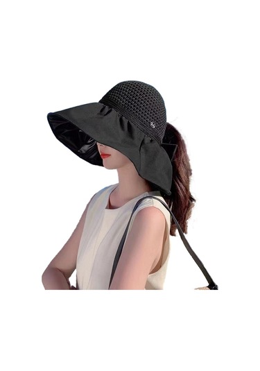 Bayanlar İçin Şık Siyah Tutkallı Boş Üst Güneşlikli Geniş Kenarlı Yüz Koruyucu Şapka Siyah