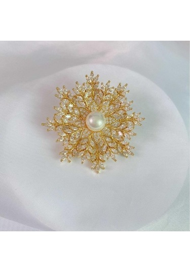 Novahub Üst Düzey Korsaj Zirkon Elmas İşlemeli Doğal Tatlı Su İncisi Kar Tanesi Broş Mizaç Hırka Toka Pimi Kadın Elbise Aksesuarları Altın Altın