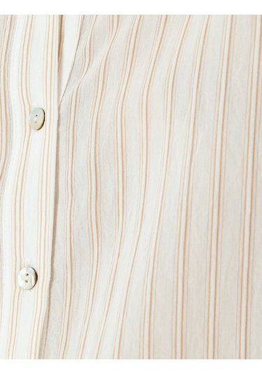 Koton Çizgili Gömlek Yaka Uzun Kollu Oversize Midi Tunik Elbise Kahverengi Çizgili 5sak80063uw 5s5