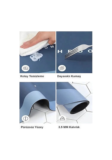 Beyondıe Sihirli Su Emici Banyo Paspası Kaymaz Tabanlı Abdest Pas Gri