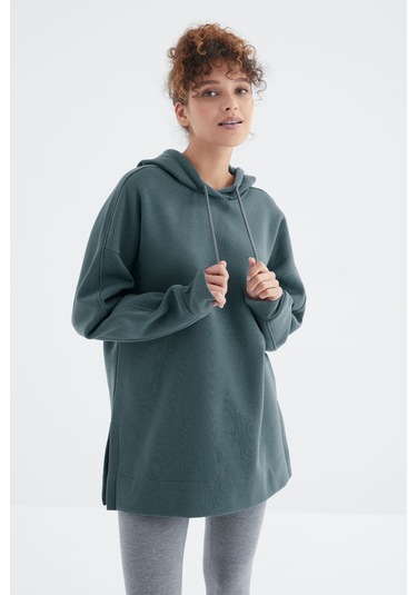 Tommy Life Orman Yeşili Reglan Kol Basic Kapüşonlu Oversize Sweatshirt Tunik - 97242 Orman Yeşili