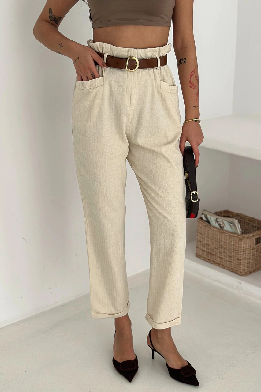 Yıkamalı Pamuk Yağmur Gabardin Yüksek Bel Pantolon Bej Bej