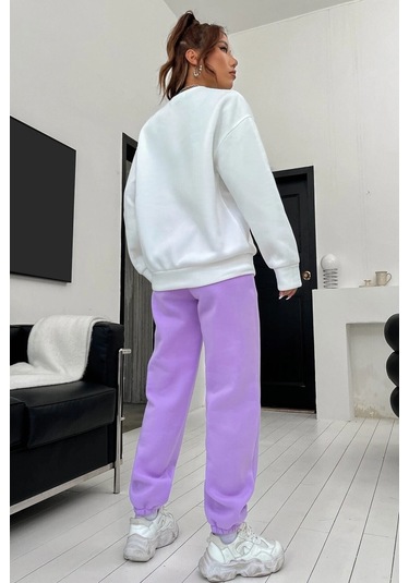 Modagen Kadın Mor Beyaz Brooklyn Baskı Oversize Bisiklet Yaka Alt Üst Eşofman Takımı Morbyaz