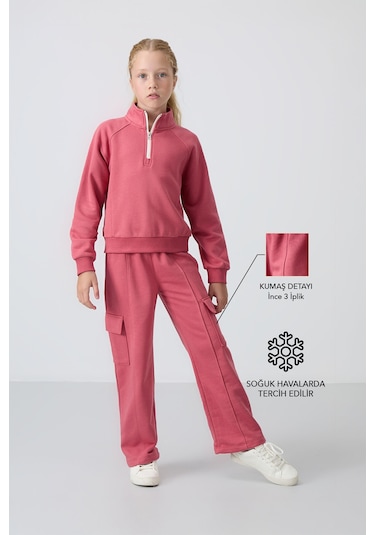Tommy Life Yaban Gülü Pamuklu İçi Tüylü Yumuşak Dokulu Standart Fit Nakışlı Kız Çocuk Eşofman Takım - 75159 Gül Kurusu