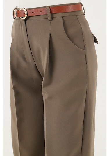 Lela Regular Fit Yüksek Bel Düz Paça Kemerli Bayan Pantolon 68350938 Haki