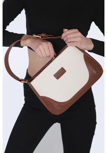 Housebags Ayarlanabilir Omuz Askılı Kahverengi Soft Krem Bag Kanvas Krem