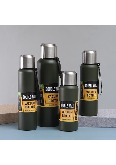 Novahub Yeşil Erkek Büyük Kapasiteli Termos Bardak Paslanmaz Çelik Vakum Çay Bardağı Kurşun Kafalı Ve Taşıma Halatlı 1 L Yeşil