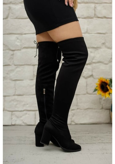 Günlük Siyah Streç Çorap Süet Kalın Topuk Diz Üstü Kadın Çizme Fermuarlı Bağcıklı Dizüstü Bot 173 Siyah