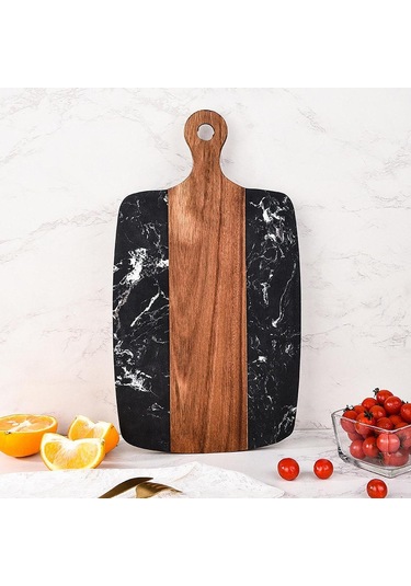 Suntek Kesme Tahtası Ahşap Mermer Barbekü Servis Çok Amaçlı Siyah