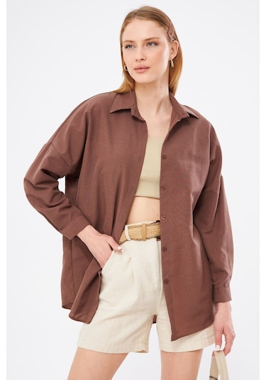 Armonika Kadın Kahve Oversize Uzun Basic Gömlek Arm-22y001118