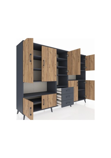 Hyperion Dolap 13 Raflı 3 Çekmeceli 9 Kapaklı 220x44x163 Antrasit Antrasit-çam/antrasit