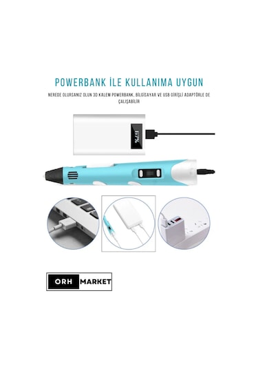 Mavi 3D Kalem 3D Pen Yazıcı Kalem – 10 Adet 5 Metrelik PLA Filament (Toplam 50M) + USB Kablo