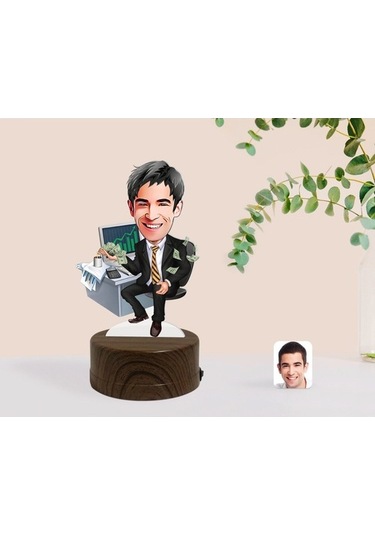 Kişiye Özel Erkek Bankacı Karikatürlü Dekoratif 3D Biblo Led Işık