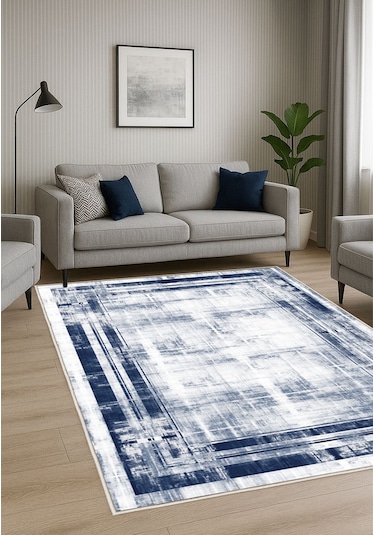 Gri Lacivert Dijital Baskı Salon Halısı Kaymaz Tabanlı Yıkanabilir Halı Yolluk 524 Lacivert