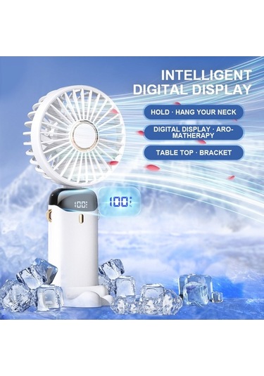 Pazly Beyaz Led Ekranlı Mini Fan: 5 Hız Seviyesi, 90 Katlanabilir, Telefon Tutucu, Askılı, Li-poly Batarya