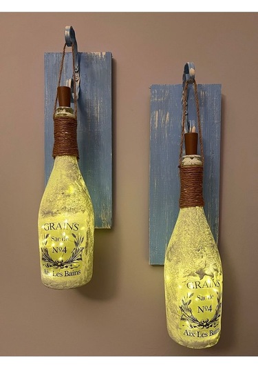 Tıpa Peri Led Işıklı Mavi Eskitme Ahşap Buzlu Cam Şampanya Şişesi Çok Renkli