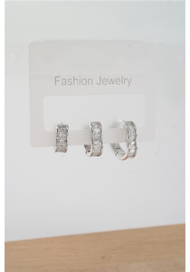 Kadın Vip Seri Baget Zirkon Taşlı Kalp Figürlü 3 Boy 3'lü Küpe Seti-5444 Gümüş