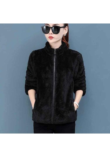 Siyah Çift Taraflı Polar Ceket Kadın Kısa Büyük Boy Mercan Kadife Sonbahar Ve Kış Kalınlaşmış Sıcak Polar Ceket Kadın Kazak Siyah