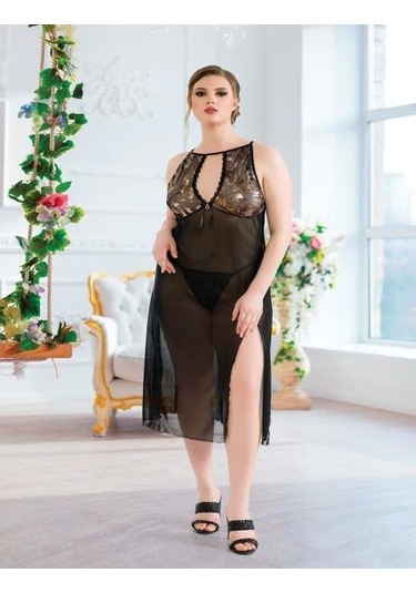 Arias Closet Büyük Beden Siyah Tül Fantezi Uzun Yırtmaçlı Gecelik Siyah