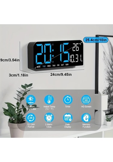 Willowhaven Beyaz Mavi Ekranlı 10 İnç Büyük Dijital Saat Alarmlı Termometreli Dekoratif