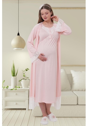 Mecit Pijama Mecit 6204 Bayan Pembe Hamile Lohusa Sabahlık Gecelik Takım