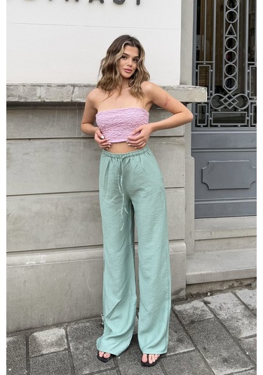 Pembe Keten Karışımlı Bol Kesim Pantolon Nil Yeşili