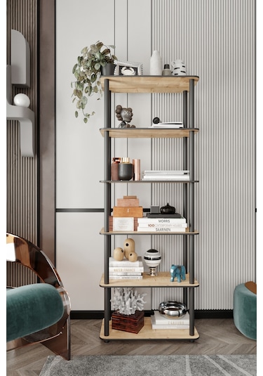 Dekoratif Masivo Kitaplık 6 Katlı 30x60 Dikdörtgen Çok Amaçlı Raf Safir Meşe Meşe