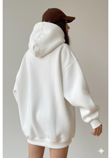 Afri Kadın Oversize Beyaz Sweatshirt 3 İplik Şardonlu Kapüşonlu Cepli Rahat Kalıp Beyaz