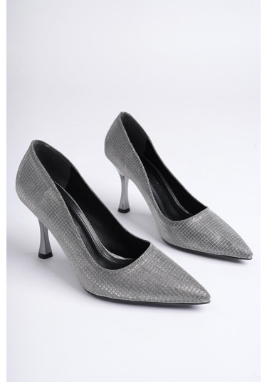 Muggo Yowel Garantili Sivri Burun Kadın Topuklu Stiletto Ayakkabı Platın