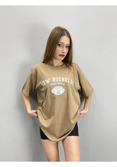 Flood Of Style Kadın Açık Kahve New Rochelle Baskılı Oversize Bisiklet Yaka Tshirt Lacivert