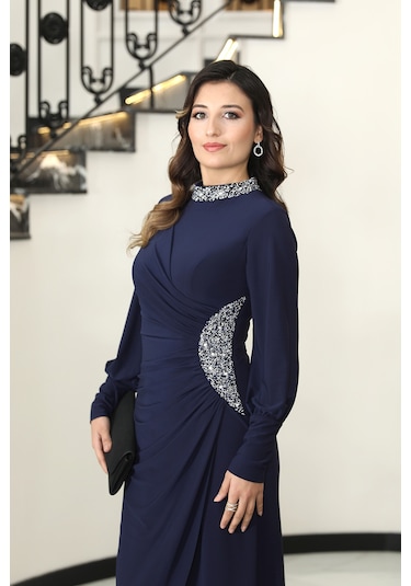 Taş Detaylı Lavinni Tesettür Abiye Elbise Lacivert