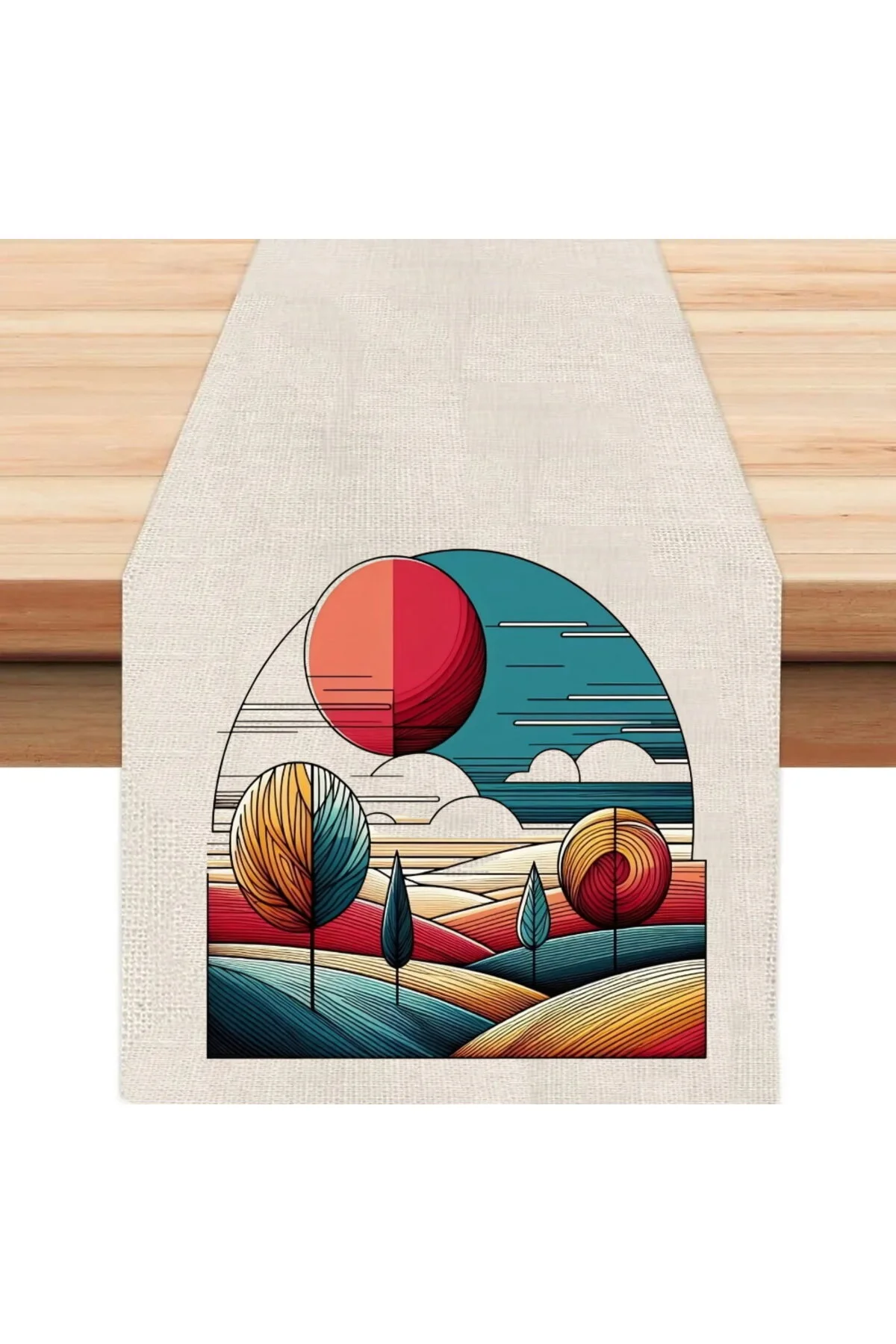 Modern Çizgi Manzara Runner, Runer, Masa Örtüsü, Sofranıza Zarafet Katın Runner, Masa Örtüsü Çok Renkli